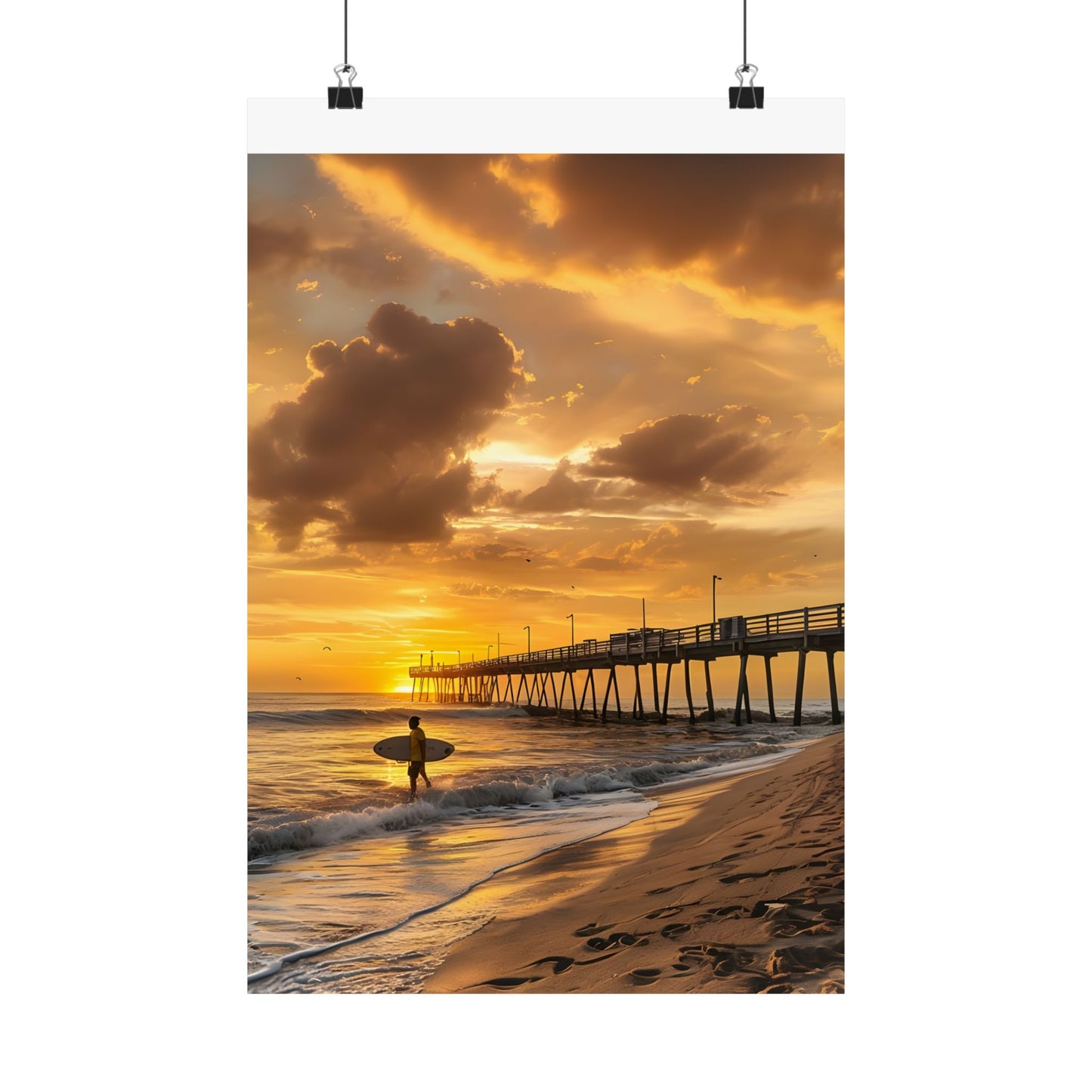 Flagler Beach FL Pier "Sunrise Surfer" Satin Poster (300gsm)