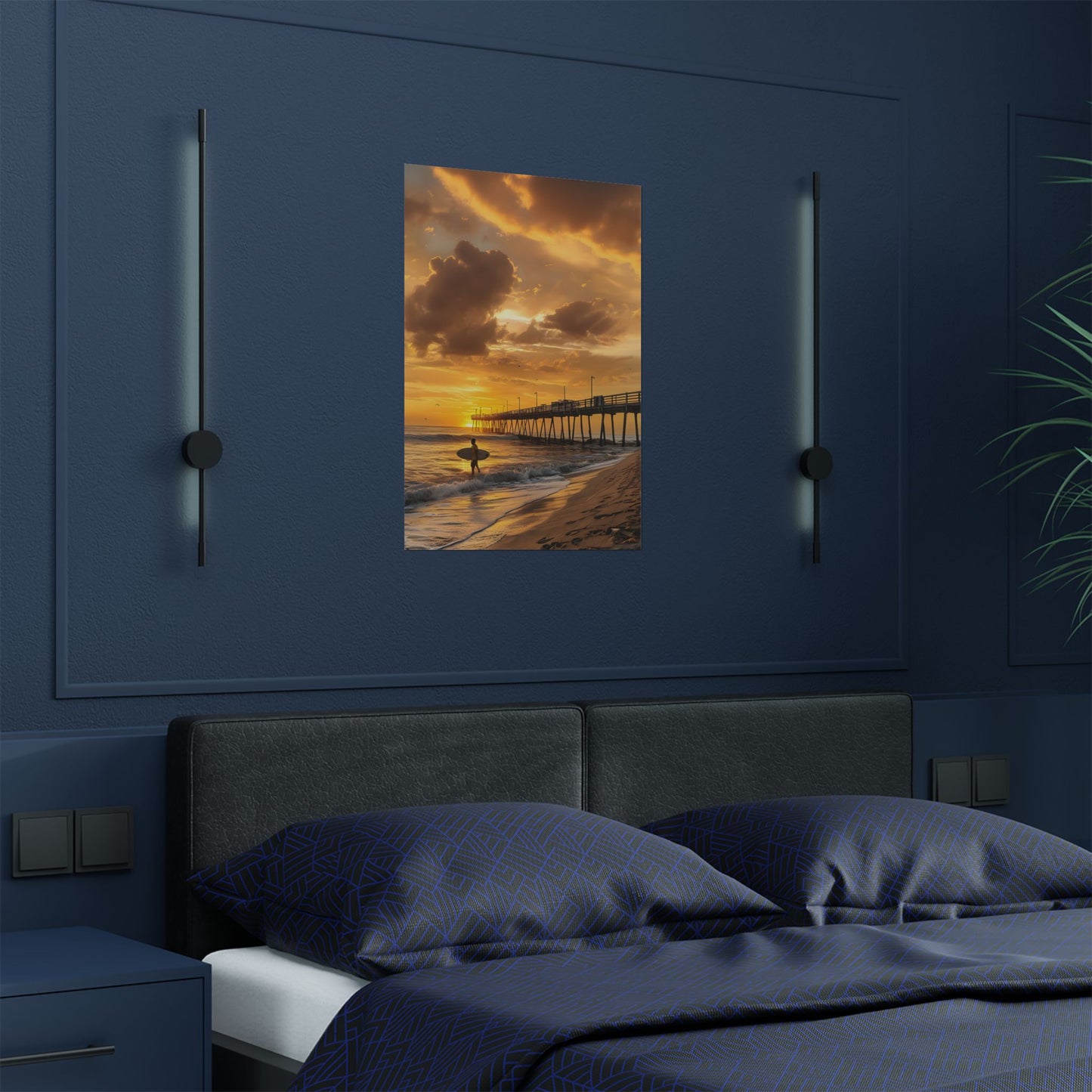 Flagler Beach FL Pier "Sunrise Surfer" Satin Poster (300gsm)