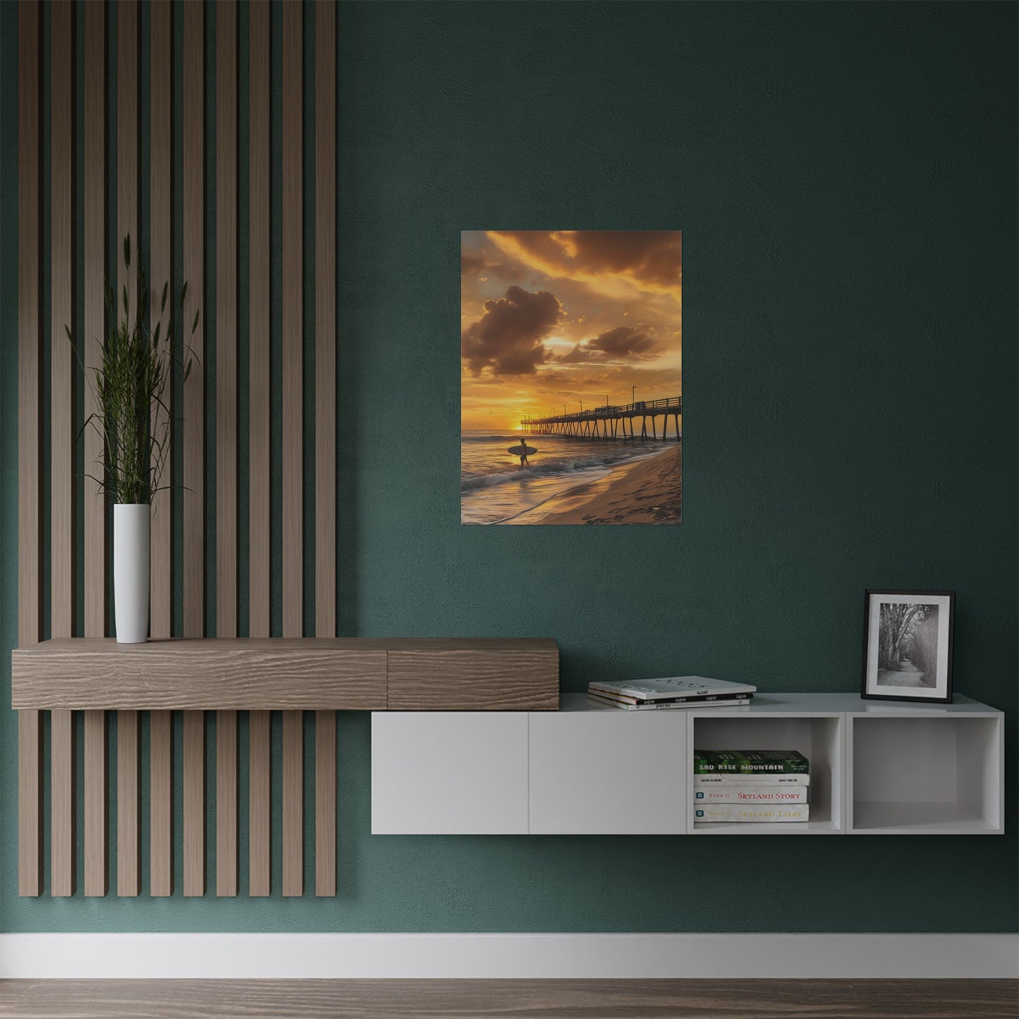 Flagler Beach FL Pier "Sunrise Surfer" Satin Poster (300gsm)