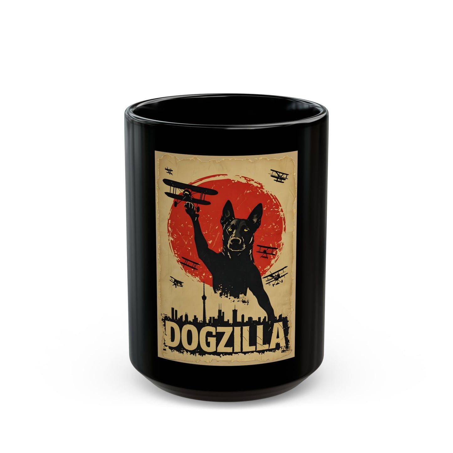 Retro art "Dogzilla" Black Mug (15oz)