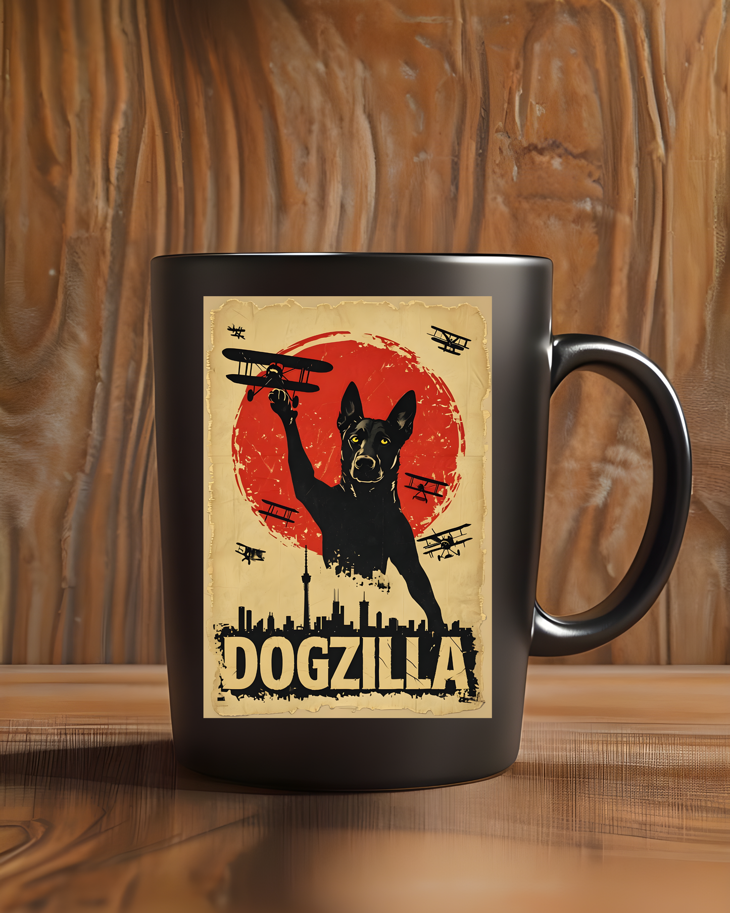 Retro art "Dogzilla" Black Mug (15oz)