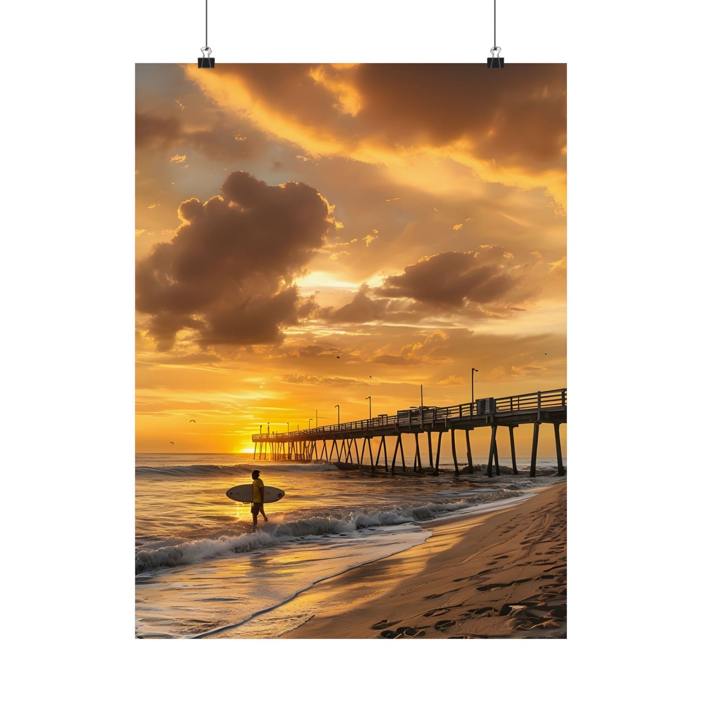 Flagler Beach FL Pier "Sunrise Surfer" Satin Poster (300gsm)