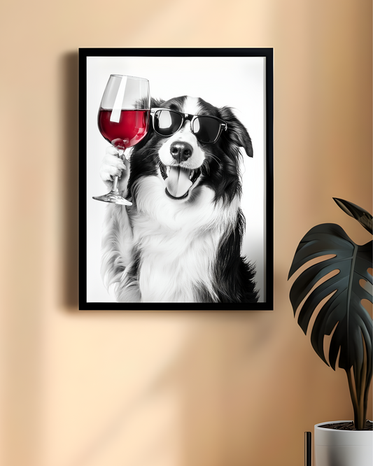 Border Collie Wine Poster, Funny Animal Wall Art, Pet Lover Decor, Home Bar Decoration, Gift for Dog Owners, Black and White Art