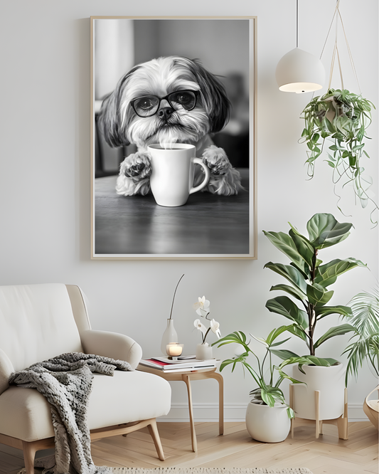 Shih Tzu dog with Coffee Poster, Pet Lover Wall Art, Coffee Lover Decor, Animal Gift, Black and White Print, Dog Lover Wall Decor